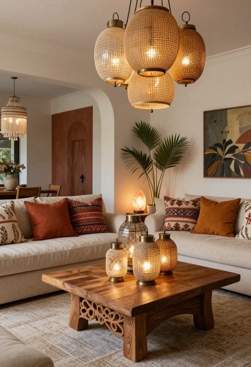 Overhead/detail hybrid, earthy boho lantern layers: terracotta accent wall adjacent to oatmeal sofa, carved mango-wood coffee table styled with block-print and embroidered pillows in clay, rust, saffron tones; staggered cluster of mini lantern pendants in mixed glass and cane shimmering above the table; a beaded chandelier visible near room entry or reading chair; a salt lamp and a small uplight tucked behind a tall plant painting warm light into corners; rich textures, layered glow; top-down plus slight angle to show pendant cluster and table styling.