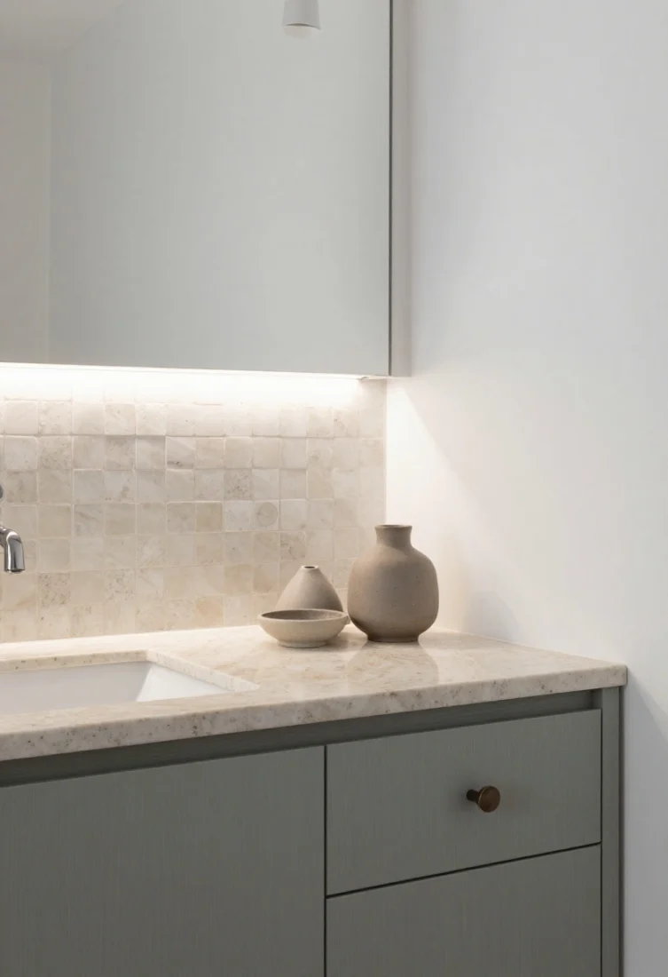 Overhead detail of vanity zone: Soft sage lacquered vanity cabinetry with dark pewter pulls, chalky white flat-finish walls, and an off-white handmade zellige backsplash around the sink that shimmers subtly. A honed limestone countertop with matte ceramic accessories sits atop. Cone-shade sconces frame the scene, with a discrete under-shelf LED highlighting tile texture. Organic modern, quiet contrast, tactile luxury.