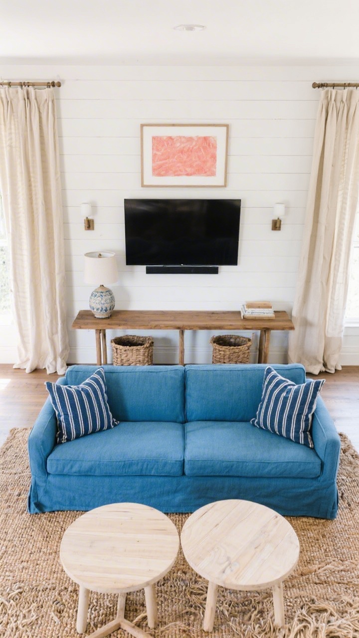 Overhead detail/plan view, Soft Coastal Split With Console Behind Sofa: sky-blue slipcovered sofa floated in center facing TV, narrow wood console directly behind sofa holding a ceramic table lamp and baskets; TV mounted over white shiplap panel, woven seagrass rug, bleached wood nesting tables, sandy beige linen curtains; navy ticking-stripe cushions and coral-toned artwork visible; plug-in sconces flanking the TV.