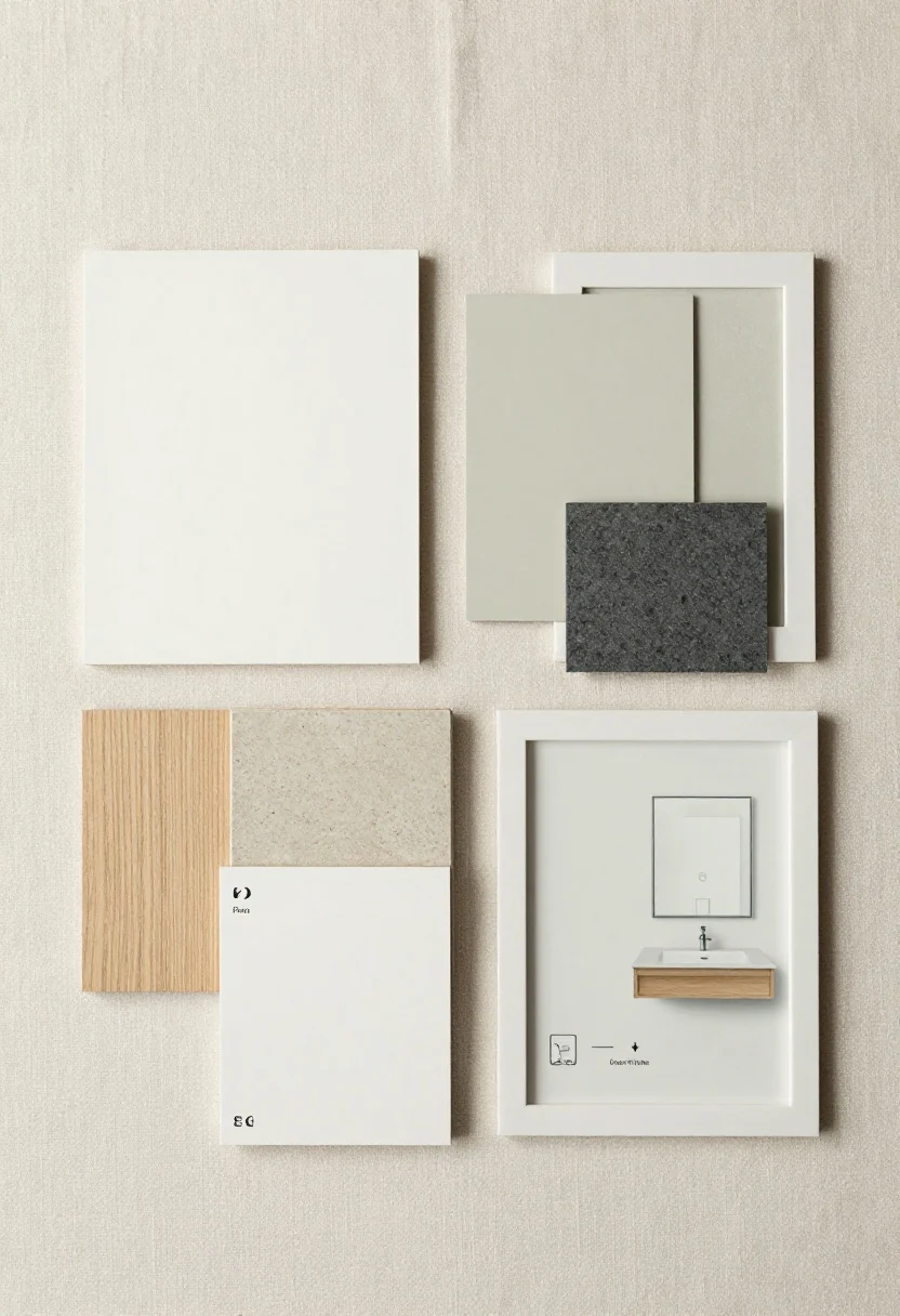 Overhead detail shot: A minimalist planning flat lay for choosing direction—swatches and samples arranged intentionally: warm white paint chip beside blonde oak, greige stone tile, slate-look porcelain, and sage paint card; thin mirror trim sample and frameless glass sample; small icons for floating vanity/toilet; notes indicating north-facing vs bright rooms; all styled on a neutral linen background, clean and intentional.