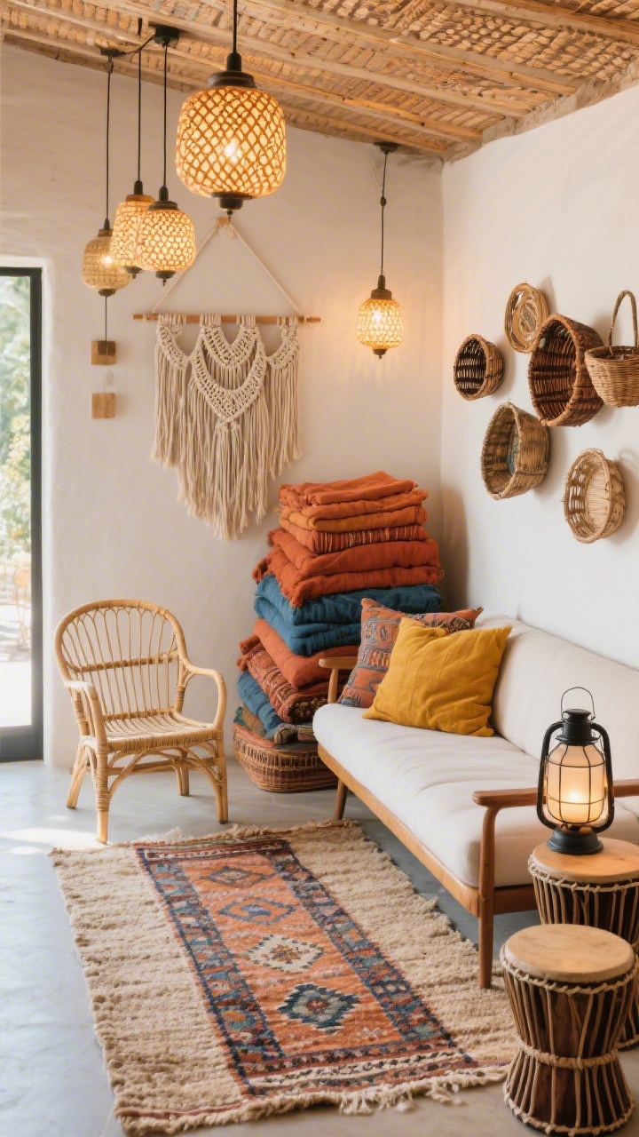 Overhead detail shot: Boho layered caravan styling—a kilim runner layered over a flat natural-fiber rug; vignette of a slender mid-century sofa edge with two cane chairs angled inward to keep circulation behind; macramé hanging and a cluster of mismatched wall baskets visible on the wall; piled textiles in terracotta, saffron, and indigo; stacked trio of drum side tables; pendant lanterns spaced along the ceiling casting warm patterned light.