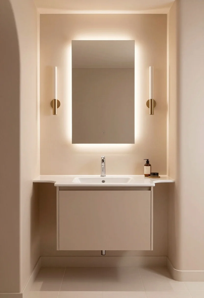 Overhead detail shot illustrating pro tips: a narrow 12–18-inch vanity top with an integrated sink, wall-mounted faucet to save space, and continuous floor tile running beneath a floating cabinet for visual expansion. Vertical sconces at face height flank an oversize backlit mirror. Palette limited to two core colors plus warm metal. Soft, bright lighting that reduces shadows.