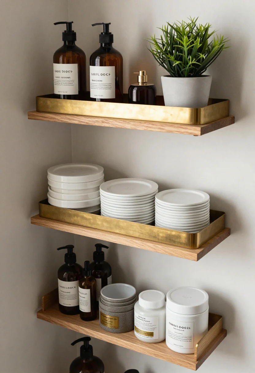 Overhead detail shot illustrating smart styling: three small bathroom shelves organized by category—daily items on the lowest shelf within easy reach; materials intentionally repeated (e.g., warm wood and brass echoed in tray and labels). Vary heights with tall bottles, low stacks, and a small plant; trays and bins corralling items; visible negative space for a luxe, uncluttered feel; neutral palette for cohesion.