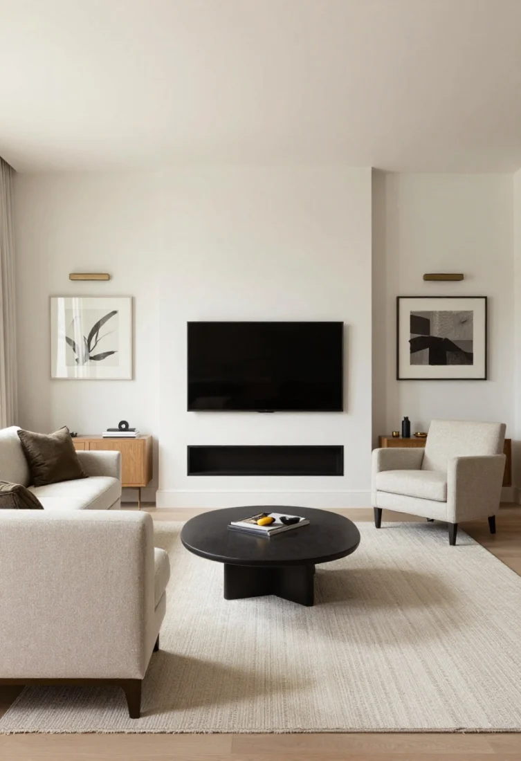 Overhead detail shot: Rug and furniture placement guidance—front legs of key seating (sofa, chair) resting on a custom-cut rug shaped around a column and irregular hearth extension; bound broadloom edges visible with couture precision; a wall-mounted credenza on a visually quiet wall opposite a TV integrated into millwork, balanced by sconces and art; armless slipper chair and a bench add extra seating without crowding; palette remains neutral-luxe with subtle contrast; refined lighting minimizing glare; aspirational, instructional composition with luxury materials.