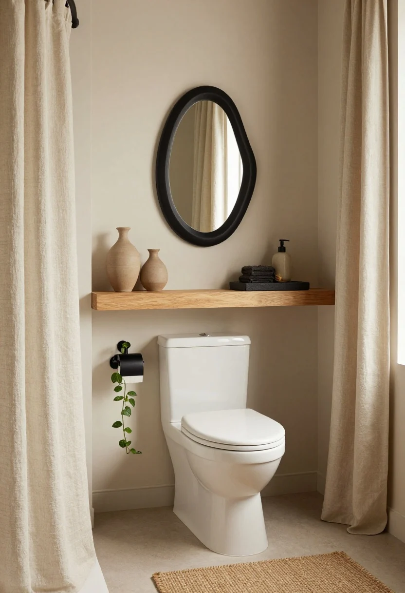 Photorealistic angled corner shot of an organic modern bathroom: warm oak floating shelf above the toilet styled with two small unglazed clay vases and a stack of dark hand towels; rounded-rectangle black-framed mirror echoing organic shapes; charcoal stone tray on the counter with a matte ceramic pump and a palo santo dish; black pivot toilet paper holder mounted nearby; trailing pothos cascading from the shelf; textured ivory linen shower curtain adding quiet movement; woven jute-look (water-friendly) bath mat underfoot; soft, warm ambient light for an earthy, elevated feel.