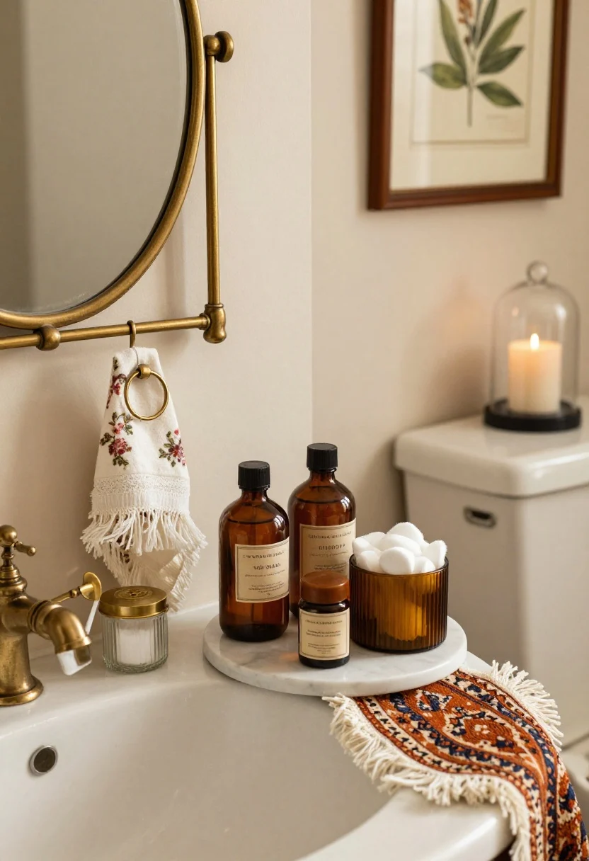 Photorealistic closeup detail shot of vintage apothecary styling on a small sink: tilting oval mirror with antique brass brackets reflected softly; amber apothecary bottles labeled soap and lotion grouped on a tiny marble pedestal for height; ribbed glass canisters with brass lids holding cotton rounds and swabs; a floral hand towel with delicate fringe on a brass ring pull at the side; warm rust-and-indigo Persian-style mini rug blurred in the background; framed botanical print hung low over the toilet edge of frame; candle under a glass cloche perched on the toilet tank; cozy, old-world patina with warm, moody lighting.