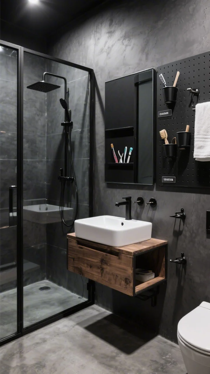 Photorealistic medium shot of a high-contrast industrial setup: polished concrete floor, charcoal wall, black-framed glass shower screen; metal-and-wood console vanity with white vessel sink; steel pegboard mounted over the toilet with modular cups and hooks organized with brushes and razors; magnetic strip inside a slightly open medicine cabinet holding tweezers and nail clippers; black wall hooks labeled with name tags for towels; materials include blackened steel, reclaimed wood, concrete, smoked glass; dramatic, directional lighting; straight-on angle.