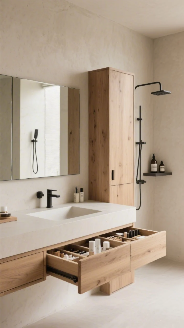 Photorealistic medium shot of a Japandi vanity wall: flat-front ash wood cabinetry, ecru microcement walls, frameless mirror spanning the whole vanity; open vanity drawer revealing drawer-within-drawer organizers sorting skincare by routine; a thin floor-to-ceiling ash storage tower with push-latch doors nearly flush to the wall; in the background, a cantilevered corner shower shelf keeping bottles elevated; palette of beige, sand, and hint of charcoal with soft black hardware; calm, diffused natural light; clean, minimal styling.