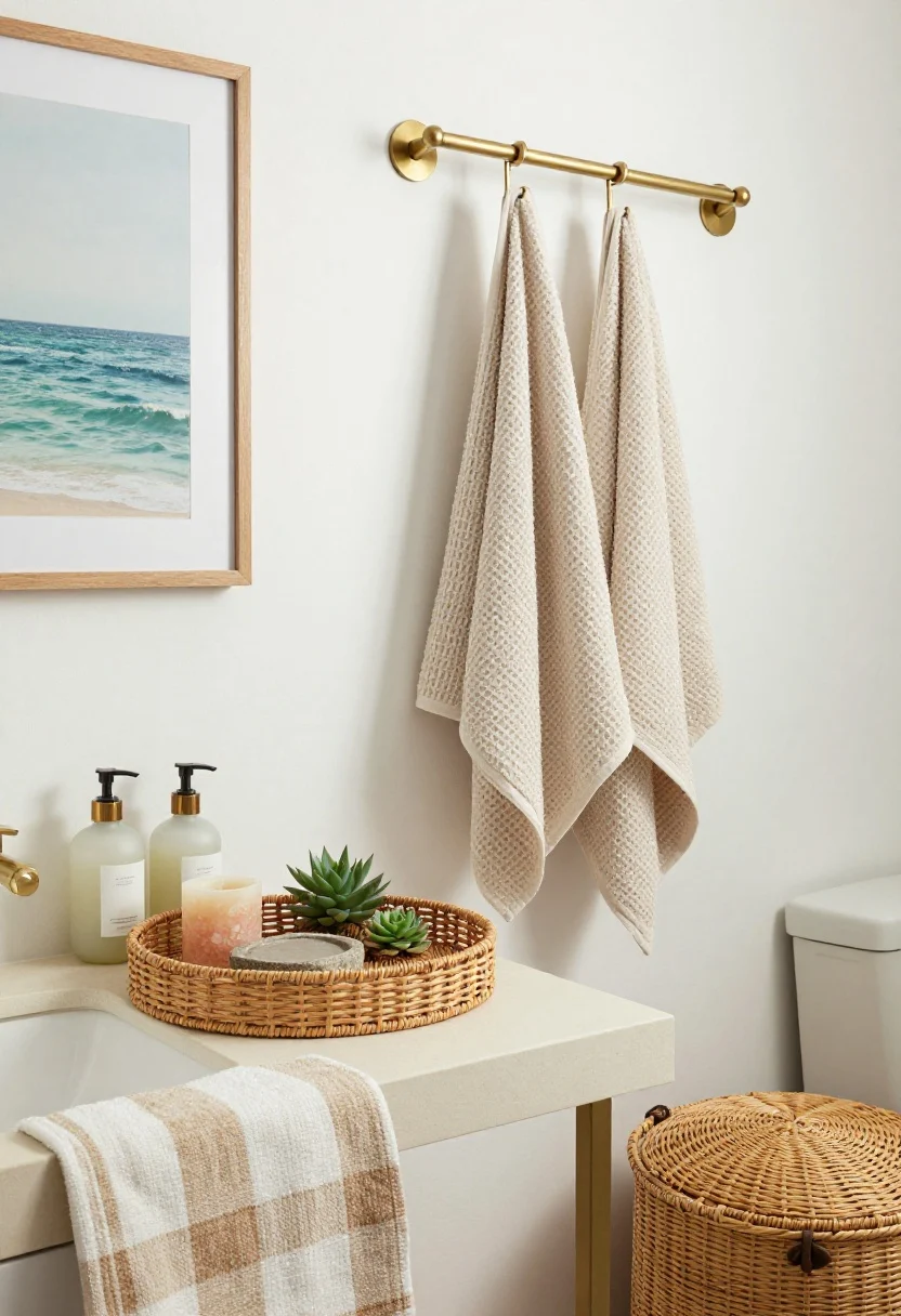 Photorealistic medium shot of a small coastal-inspired bathroom vanity vignette: rattan-wrapped tray on a pale sand countertop holding a sea-salt candle, stone soap dish, and tiny succulent; oval thin-brass mirror above; waffle-weave towels in soft oat hung on brushed brass robe hooks; frosted glass pump bottles labeled soap and lotion; stripey cotton bath mat in sand and white at the edge of frame; seagrass lidded basket near the toilet; maple-framed single coastal print on a clean white wall; warm, sunlit, breezy mood with layered woven textures and brushed brass highlights.