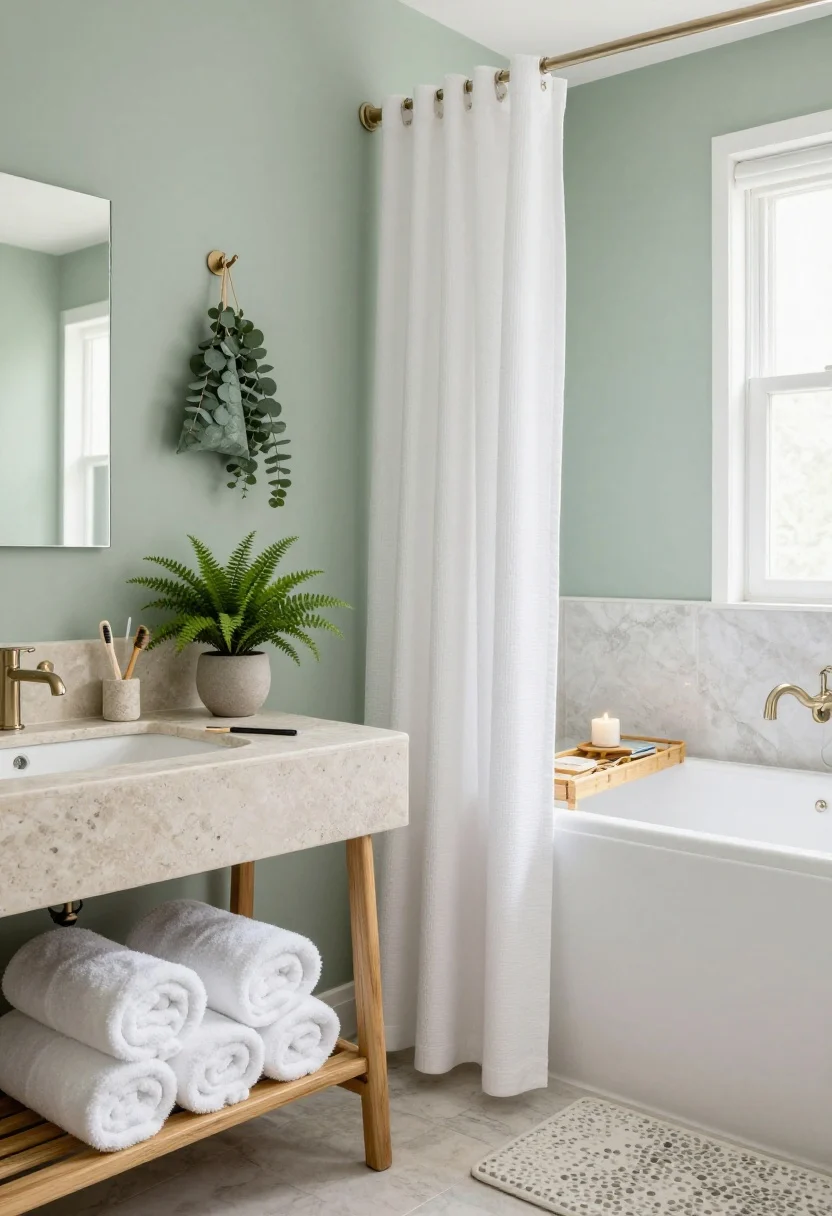 Photorealistic medium shot of a spa-like bathroom corner in soft sage and stone: sage-painted walls, honed marble or travertine stone soap dish and toothbrush stand on the vanity, low teak bench with neatly rolled white towels and a tiny fern; matte nickel hooks on the wall; extra-long white waffle shower curtain creating floor-to-ceiling drama; bamboo bath caddy over the tub with a book ledge and candle perch; eucalyptus shower bundles hanging from a hook; stone diffuser on the vanity; pebble-texture bath mat underfoot; calm, diffused natural light for a serene, boutique-spa mood.