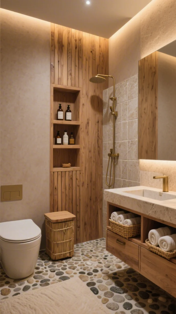 Photorealistic medium shot of a warm spa bathroom corner: vertical slatted oak wall panels, pebble-tile shower floor, soft taupe wall glowing under warm LED lighting; recessed shower niche framed in wood-look tile holding neatly arranged bottles; stone-topped vanity with deep drawers open to reveal bamboo bins and rolled towels; a slim, lidded hamper in matching wood tones tucked between vanity and toilet; materials include oak, honed limestone, oatmeal linen, brushed brass; serene, spa-like mood; three-quarter angle.