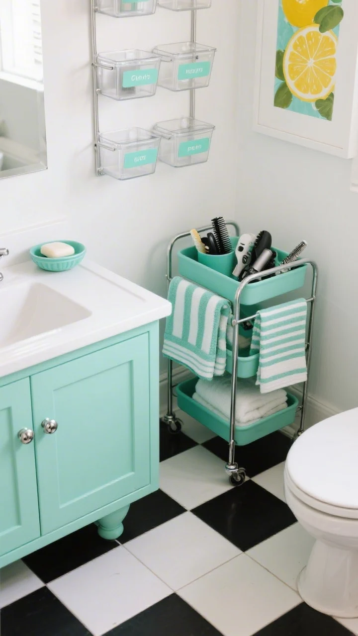 Photorealistic overhead detail shot capturing playful retro organization: black-and-white checkerboard floor as the backdrop; edge of a mint-green vanity with chrome cup pulls; chrome over-the-toilet etagere shelves holding clear acrylic bins with mint labels; a slim rolling utility cart stocked with hair tools and extra towels; accents of striped hand towels, citrus artwork edge, and a mint ceramic soap dish peeking into frame; bright, crisp lighting for a cheerful mood.