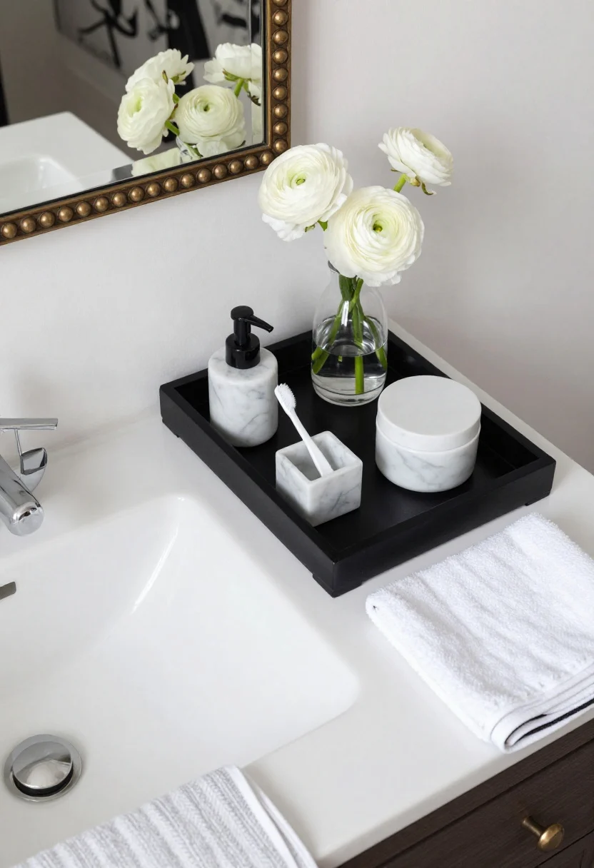 Photorealistic overhead/detail shot of a Parisian monochrome vanity composition: gilt beaded mirror edge visible at top of frame; slim black lacquer tray holding coordinated white marble accessories—soap pump, toothbrush cup, and lidded jar—precisely arranged; small crystal bud vase with white ranunculus catching light; hints of black-and-white art diptych reflected subtly; piped white towels with a thin black edge folded nearby; striped Turkish hand towel draped over the sink; herringbone cotton bath mat in monochrome just entering frame; high-contrast, polished lighting for a 5-star, chic apartment vibe.