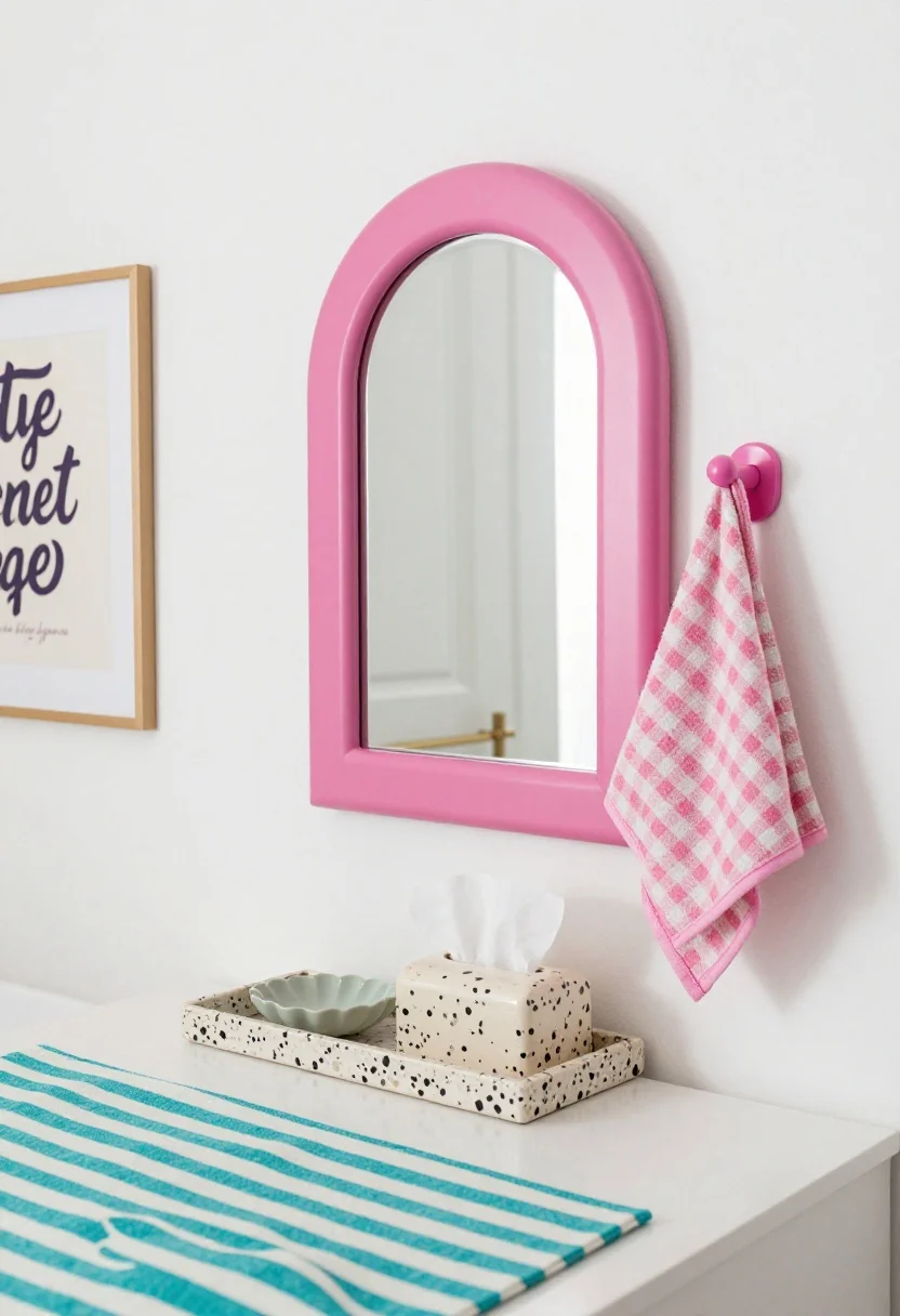 Photorealistic straight-on medium shot showcasing playful color pop with retro curves: white walls and a single saturated accent color (choose cobalt) repeated on a rounded-framed mirror, scalloped soap dish, and lacquered tissue box cover; graphic terrazzo tray on the vanity corralling daily items; micro-checkered hand towels for subtle pattern; powder-coated towel hook perfectly matched to the cobalt accent; retro typography print on the wall; striped bath mat in a neighboring hue (turquoise) on the floor; bright, cheerful lighting to emphasize bold color and curved silhouettes.