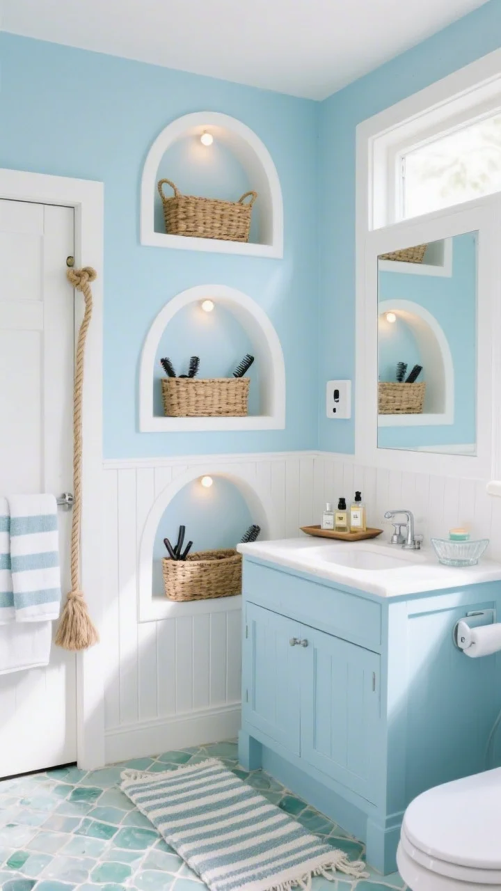 Photorealistic wide shot of a coastal blue bathroom nook: pale sea-glass tiles, soft-blue painted vanity with white beadboard walls; a series of arched wall niches trimmed in white, each lit with tiny puck lights; niches styled with woven baskets for hair tools, a tray for perfumes, and a hidden phone-charging dock; behind-the-door towel rack visible with extra towels; accents include a rope mirror, striped cotton rug, and clear glass soap dish; bright, airy daylight; corner perspective to showcase the niches.
