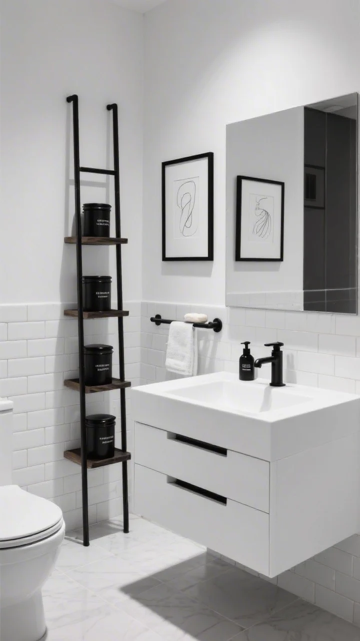 Photorealistic wide shot of a minimalist black-and-white gallery bathroom: matte black fixtures against crisp white subway tile, floating white vanity with slim drawer trays inside, recessed medicine cabinet, and a tall, narrow black metal ladder shelf styled with stacked, labeled black canisters; strict palette of black, white, and a hint of natural wood; two small black-framed line drawings hung symmetrically above a towel bar; decanted soaps in matte black pump bottles on the vanity; clean, bright lighting with soft shadows; straight-on perspective.