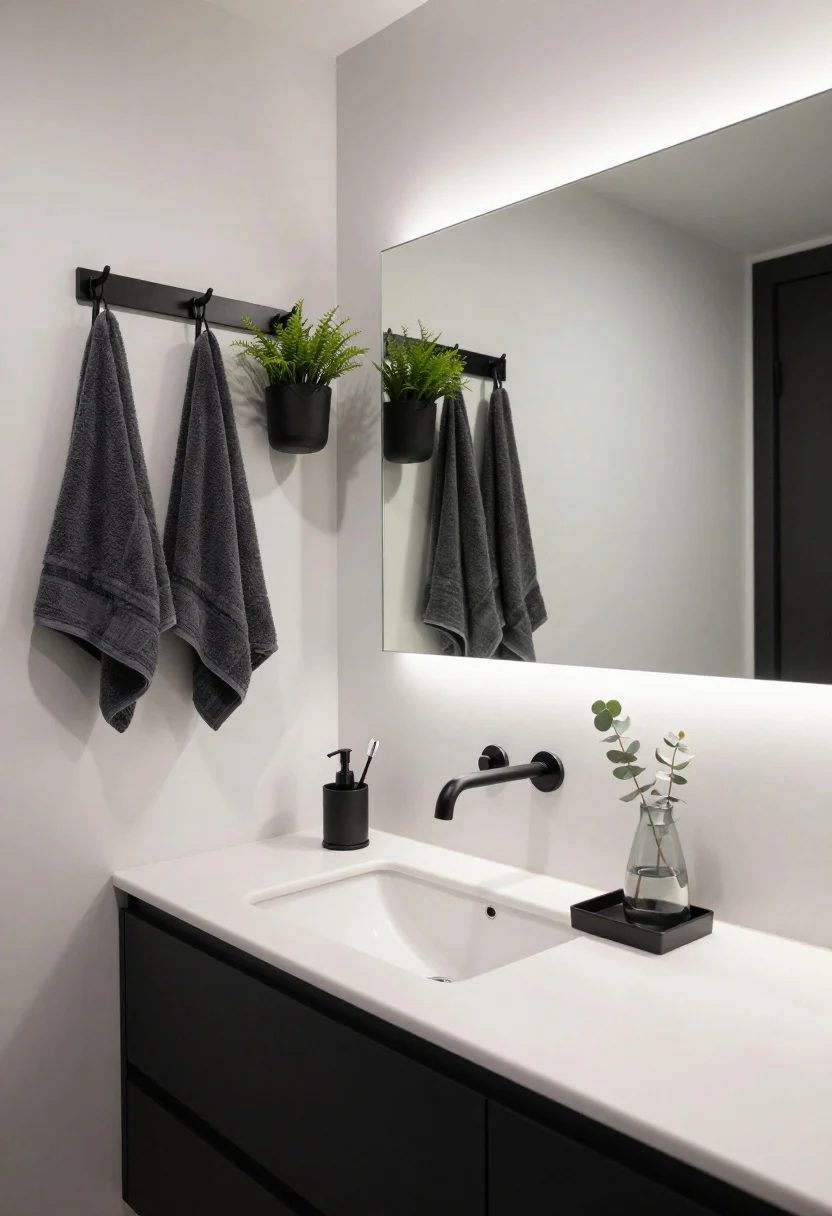 Photorealistic wide shot of a minimalist black-and-white bathroom with hotel polish: matte black accessories throughout; black rail with S-hooks holding folded charcoal cotton towels and a small hanging pot with a plant; frameless rectangular mirror with razor-thin bevel; linear LED vanity light in black casting crisp, even illumination; on the vanity, a black metal toothbrush cup, low-profile soap pump, and square catchall tray arranged with intention; a smoky glass bud vase holding a single eucalyptus branch for contrast; sharp lines, high contrast, clean and chic.