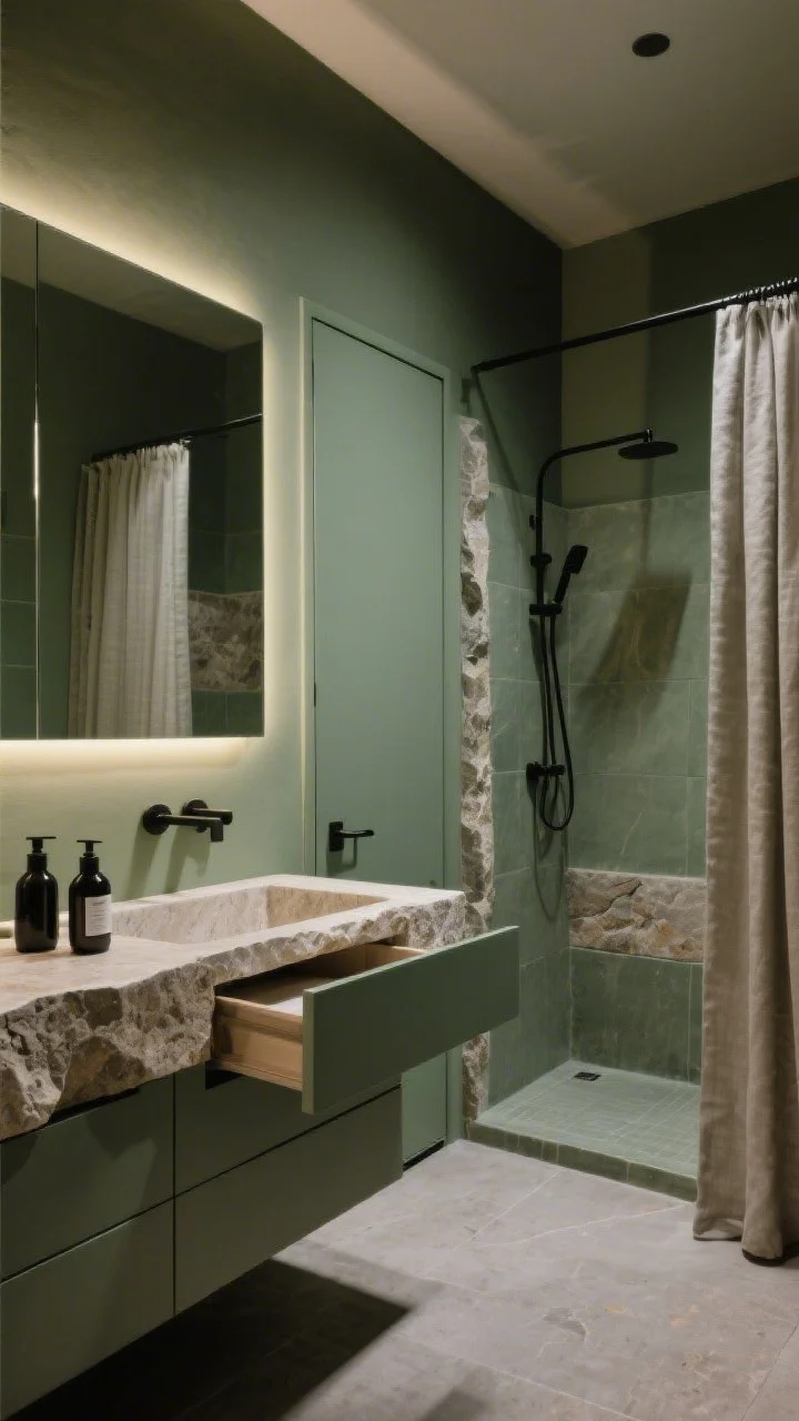 Photorealistic wide shot of a nature-modern bathroom: matte olive green walls, floating stone-ledge vanity made from a thick travertine slab with hidden push-latch drawers partially open to reveal discreet storage; frameless backlit mirror creating a soft halo; a flush door concealing a full-height recessed cabinet; in the shower, a long linear niche trimmed in matching stone; textures include travertine, matte ceramic, linen-look shower curtain, black fixtures; stone-toned pump bottles on the ledge; moody yet soft ambient lighting; corner perspective.