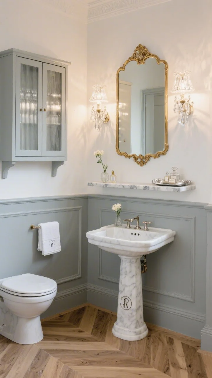 Photorealistic wide shot of a Parisian powder room: half-height wall panel molding painted dove gray below and white above; petite Carrara pedestal sink keeping the floor open; gilded vintage mirror and a crystal sconce adding sparkle; a paint-matched slim wall cabinet with reeded glass doors above the toilet; marble ledge shelf beneath the mirror with a silver tray holding only decanted, pretty essentials; herringbone wood-look tile floor, monogrammed guest towels, tiny bud vase; elegant warm lighting; straight-on symmetrical composition.