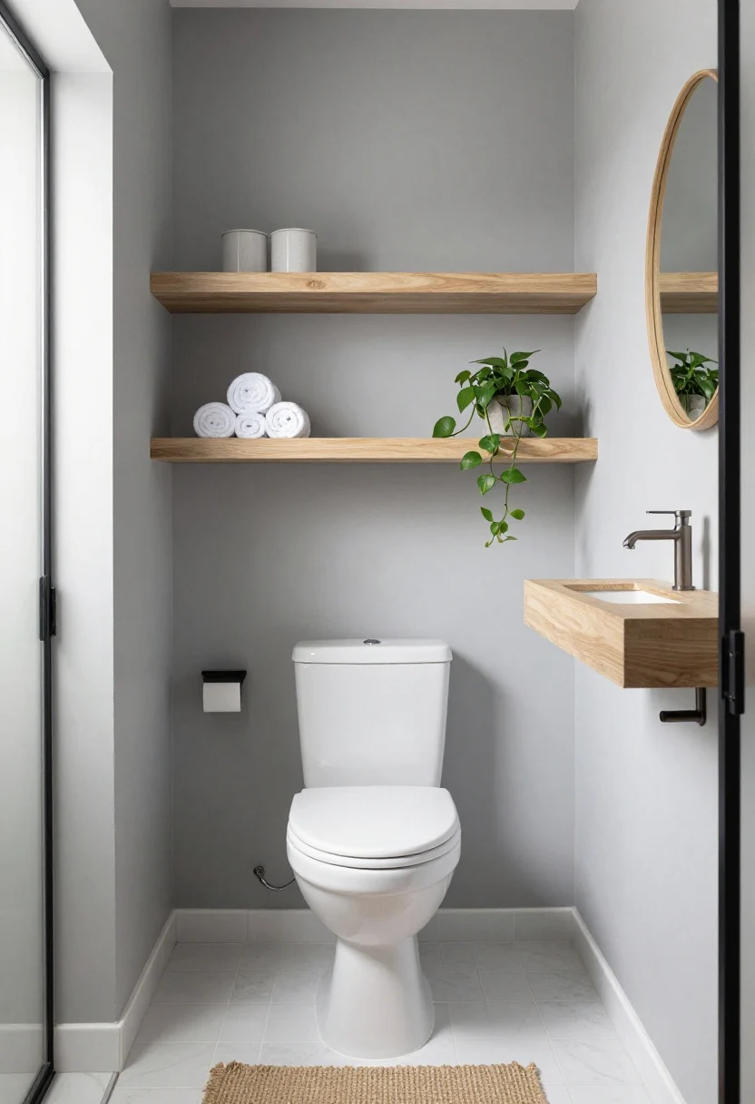 Photorealistic wide shot of a small Scandinavian bathroom: matte maple floating shelves (2–3) stacked above the toilet against misty gray painted walls and white subway tile, styled minimally with rolled white towels, a single stoneware canister, and a petite trailing pothos. Include a round oak-framed mirror over the vanity, brushed nickel or matte black hardware accents, and a woven jute bath mat; soft natural daylight creating an airy, serene mood.