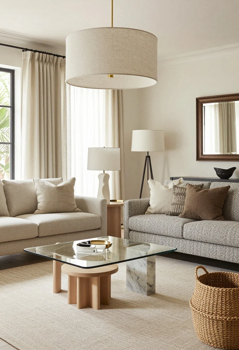 Shopping cheat sheet scene, medium: A curated grouping—slim-arm sofa with a bouclé accent chair and an armless slipper chair; glass coffee table and marble side table with light oak nesting tables; brass picture light, linen drum pendant, sculptural table lamp; neutral flatweave rug, gauzy curtains, textured linen pillows; bronze-framed mirror and seagrass basket; soft showroom lighting, photorealistic.