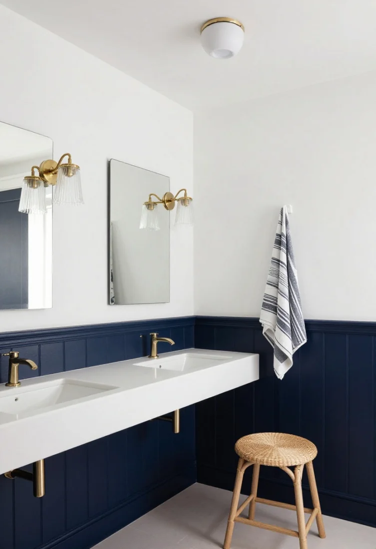 Straight-on composition: Lower third of walls in ink navy paneling with a crisp white upper wall and ceiling. A wall-hung white vanity with a fine navy-trimmed edge keeps depth narrow. Maritime-inspired polished nickel hardware, clear glass sconce shades for sparkle, and a compact ceiling flush mount. Styled with a striped Turkish towel and a woven hamper for subtle coastal cues. Architectural order via a strong horizontal chair rail.