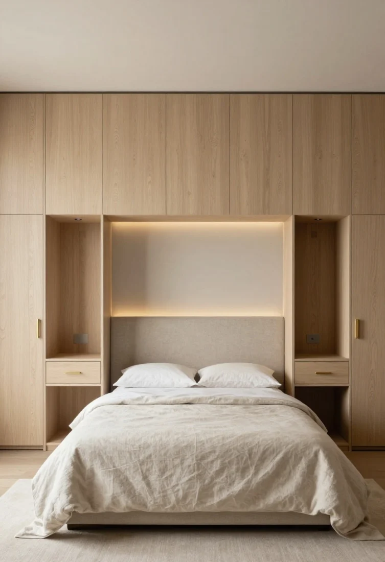Straight-on medium shot emphasizing symmetry: A ceiling-high wardrobe wall in pore-filled pale oak with a refined cadence of doors; two recessed niches serve as pocket nightstands with micro downlights, a small drawer, and internal power. Between the niches sits a bed against a softly textured upholstered headboard panel rising to mid-wall, with a dim-to-warm LED strip hidden behind for a gentle halo. Opposite, a full sweep of floor-to-ceiling natural linen drapery conceals a shallow storage ledge and air purifier. Hardware in soft brass or matte nickel, monochrome high-thread-count bedding, and an alpaca throw deliver a calm, premium, editorial aesthetic.
