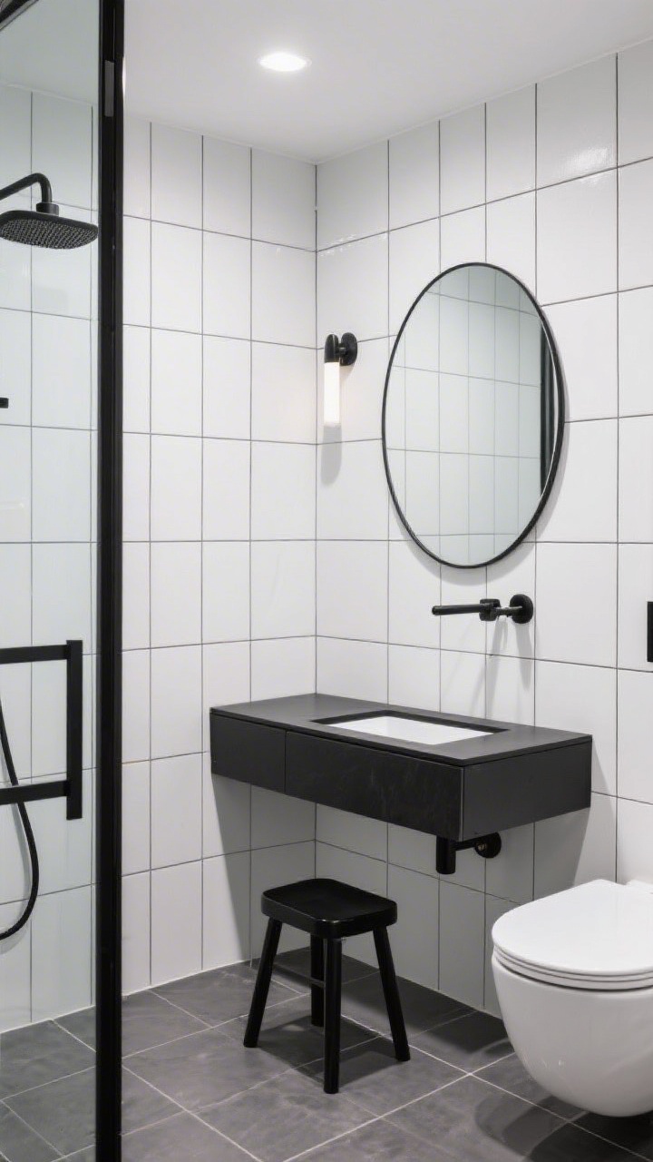 Straight-on medium shot highlighting bold geometry: white square tiles with charcoal grout in a perfect floor-to-ceiling grid, a black-framed glass shower screen, thin black vanity top with a narrow rectangular sink, wall-hung toilet; a pill-shaped mirror with a single bar sconce above; tiny black step stool tucked under the sink; palette black, white, charcoal; crisp, high-contrast light.
