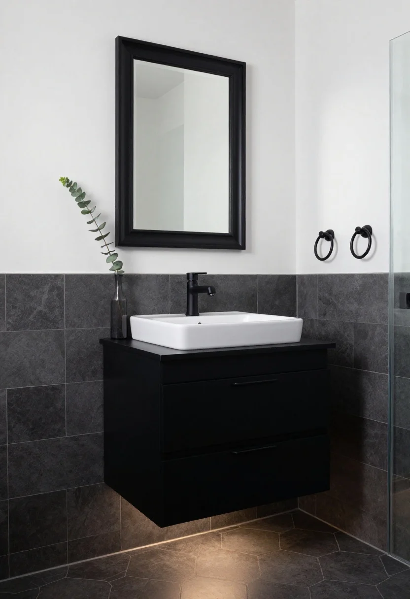 Straight-on medium shot of a black wall-hung matte vanity with integrated handle grooves, topped with a rectangular white vessel sink. Gallery-white walls; charcoal hex tiles run across the floor and continue up the backsplash. A framed black mirror hangs above with a matte black crossbar faucet. Minimal styling: a single eucalyptus sprig in a slim vase, black towel ring, frameless shower glass edge visible, and a subtle hidden LED toe-kick light casting a low glow. High-contrast, editorial lighting.