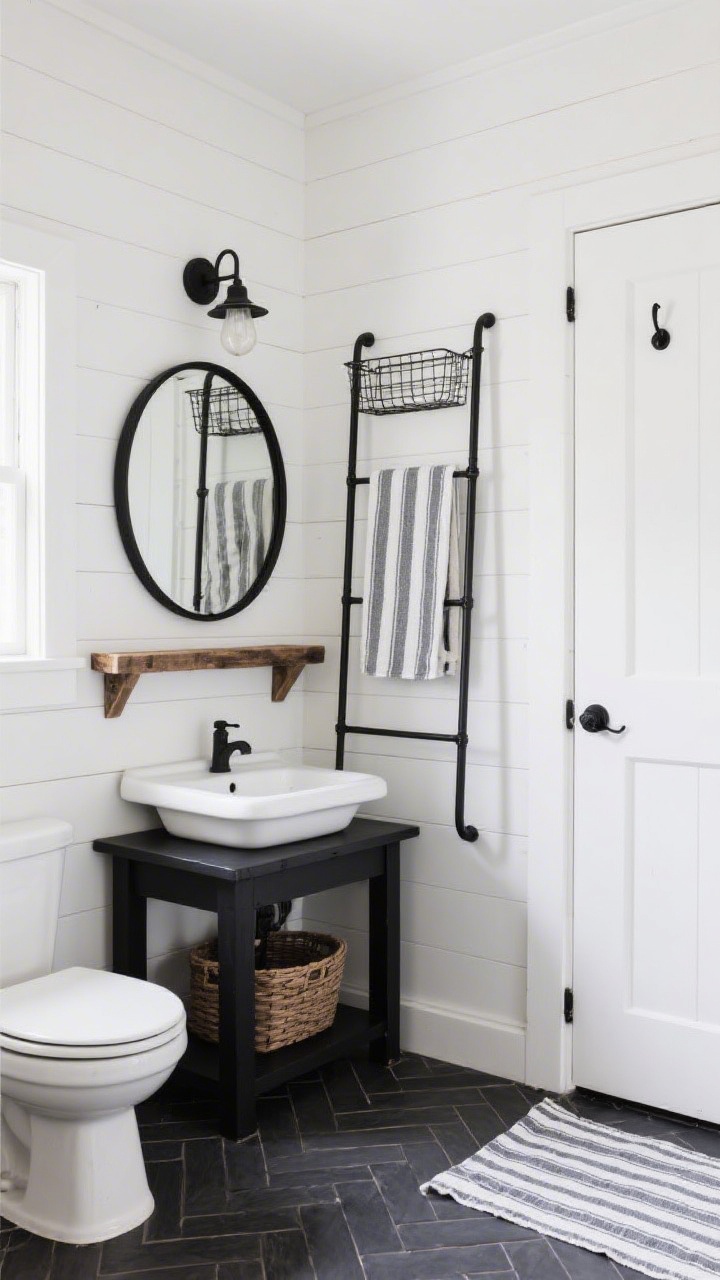 Straight-on medium shot of a high-contrast farmhouse bath: white vertical shiplap walls, slim black metal ladder shelf used for towel storage, petite apron-front sink on a black-painted console, charcoal herringbone floor tile; reclaimed wood shelf with wire baskets over the toilet; round black mirror and barn-style sconce; striped cotton runner; matte black hooks along the door back; crisp, homey lighting.