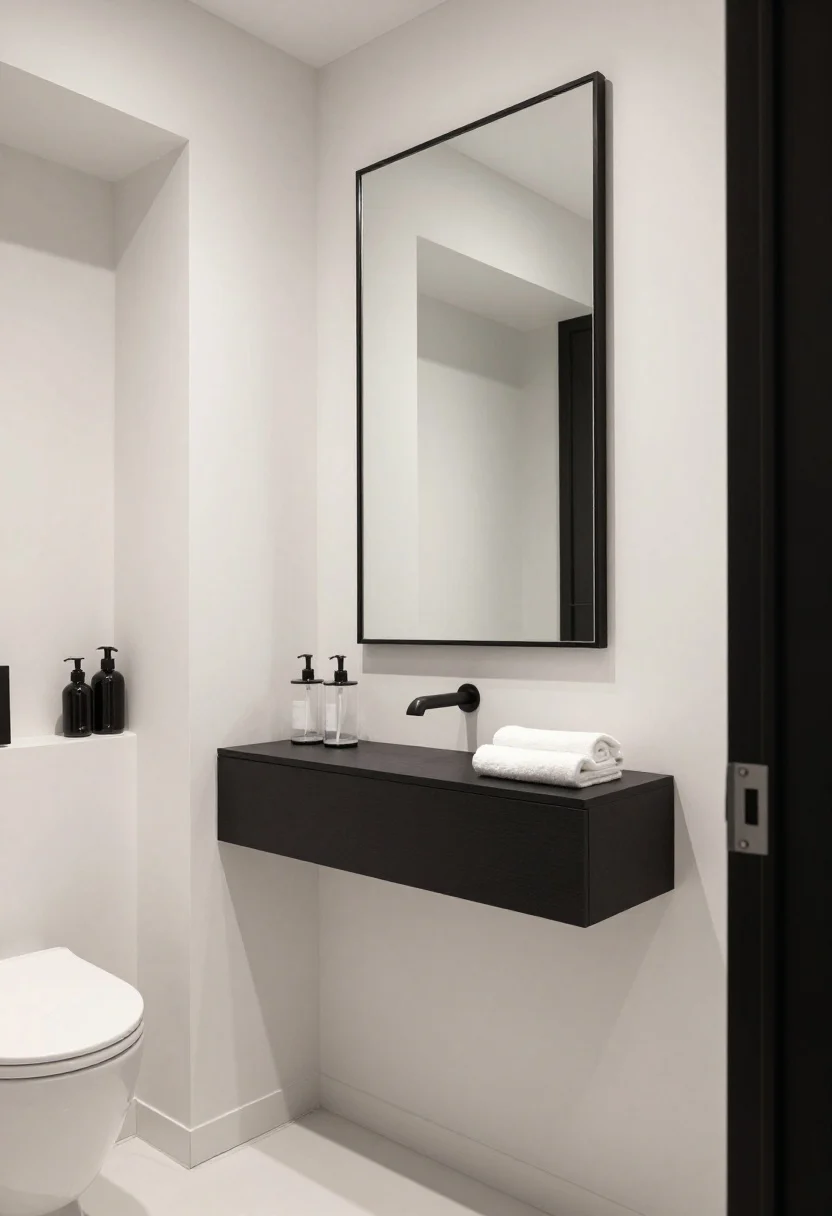 Straight-on medium shot of modern monochrome minimalism: recessed wall niches above the toilet and in the shower, walls in warm white with each niche outlined by matte black schluter trim. Below the oversized black-framed rectangle mirror, a single black powder-coated shelf holds clear canisters and black pump bottles; white terry towels nearby. Clean, even lighting emphasizing razor-sharp lines and reclaimed depth.