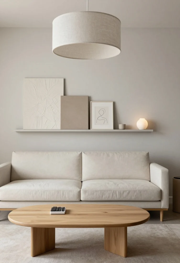 Straight-on medium shot: Soft minimalist space with pale greige walls, a slim ivory sofa, and a wall-to-wall low media unit in matte taupe with push-latch doors. Above, a floating shelf holds layered neutral art: a textured relief, a calm canvas, and a simple line drawing. A round birch lift-top coffee table conceals remotes. Lighting is serene: a fabric drum flush mount overhead and a petite alabaster lamp glowing softly. Hidden storage, gallery calm, premium finishes.