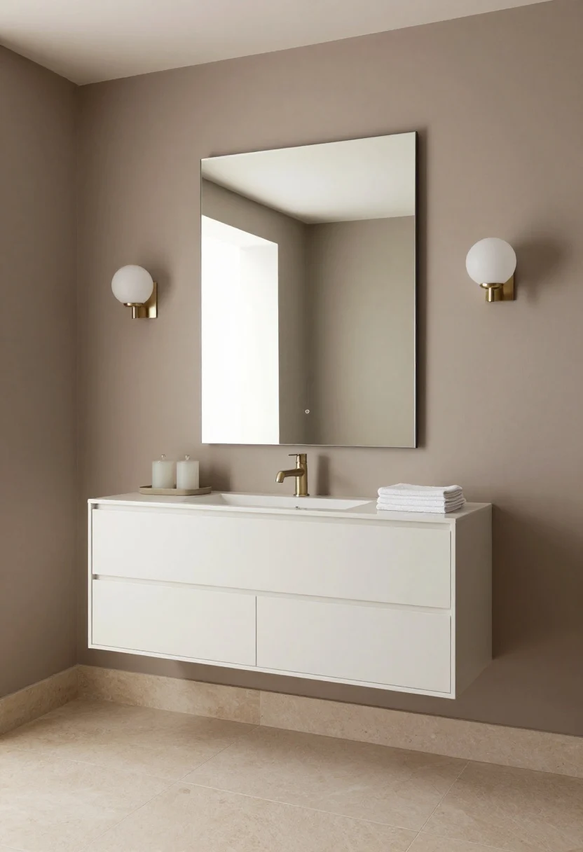 Straight-on wide shot of a shallow mirror-front wall-hung vanity with push-latch drawers that reflect the room, paired with a frameless mirror-cabinet above. Soft taupe walls and pale limestone tile flooring unify the palette. Brushed nickel faucet and frosted globe sconces provide calm, diffused illumination. Minimal accessories: frosted canister set, a neutral tray, and neatly folded cotton towels. Clean, even lighting for a sleek, space-amplifying effect.