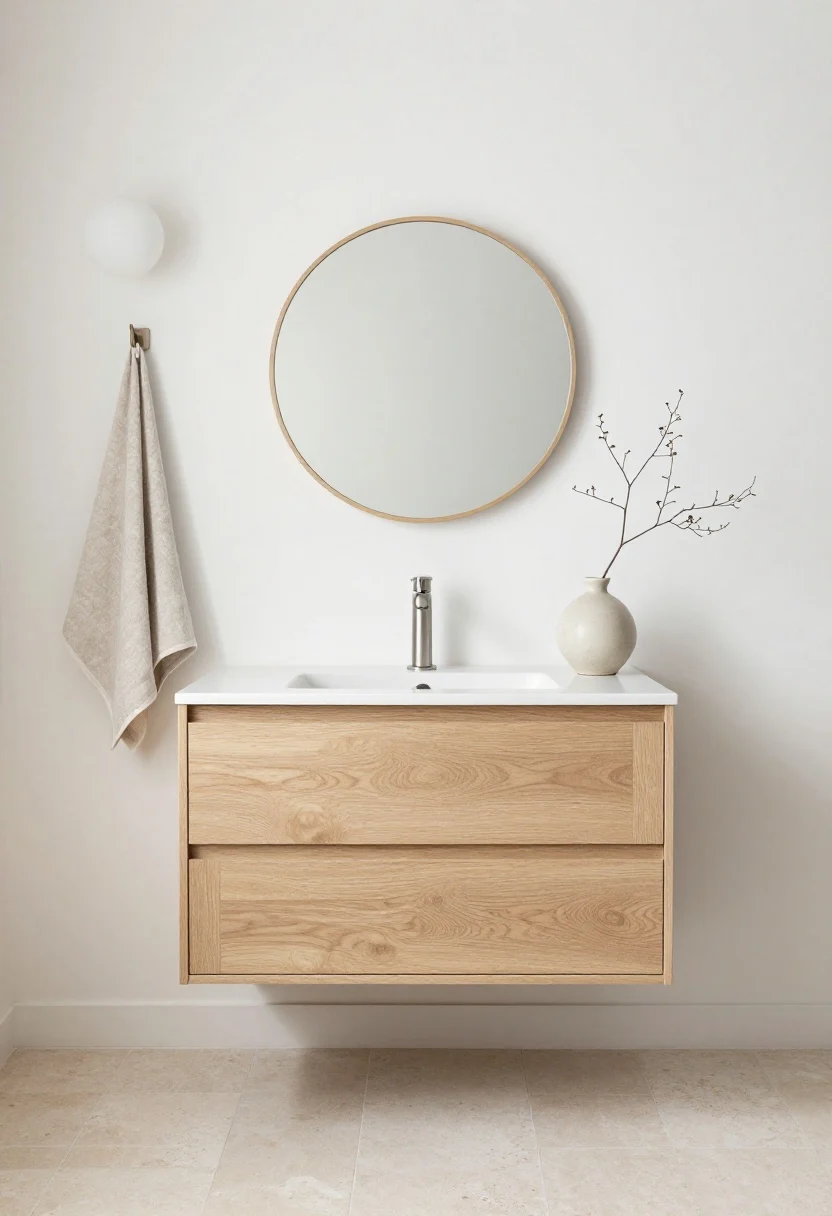 Straight-on wide shot of a slatted oak floating vanity with soft-close drawers and a thin integrated sink. Chalky white walls, pale stone-look porcelain floors. A frameless round mirror centered above with a matte brushed chrome faucet. Minimal Scandi accents: a linen hand towel on a simple hook rail, a frosted pendant globe off to one side, and a slender branch in a ceramic vase on the counter. Bright, even natural light for light, airy, organic modern calm.