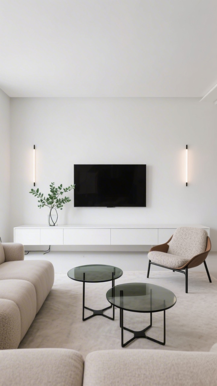 Straight-on wide shot, Slim Sofa + Floating Credenza Symmetry: matte white floating credenza running almost full wall width with centered wall-mounted TV, flanked by slim sconces; opposite a thin-armed pebble beige sofa, pair of smoked-glass and black metal nesting coffee tables centered, single sculptural lounge chair angled toward screen, eucalyptus green touch in a small vase; concealed cords for a pristine look, clean modern lighting.