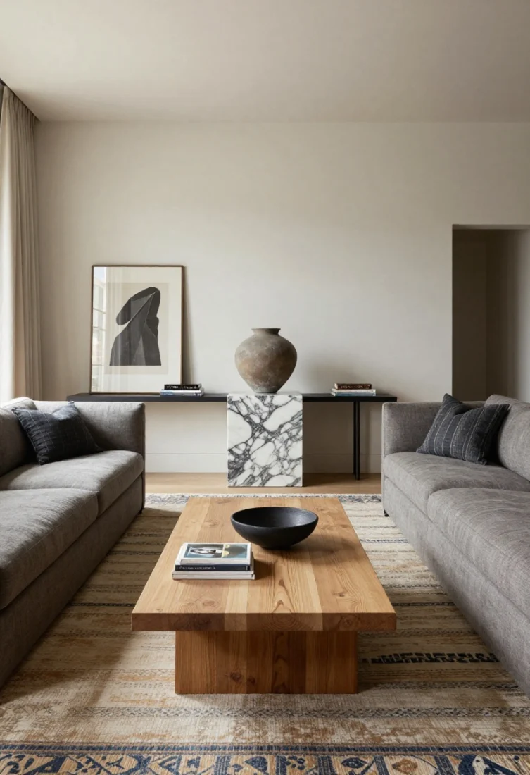 Straight-on wide shot: Two identical linen-upholstered sofas floated in an L-shape away from walls, facing a veined marble pedestal showcasing a single oversized sculptural vessel as the focal point; a square, chunky hand-rubbed oak coffee table aligned with the sofas’ inner edges; a vintage kilim rug grounding the arrangement in parchment, graphite, camel, and indigo hues; slim media console on the far wall kept quiet; styling includes stacked art books, a low black clay bowl, and linen-striped cushions; layered textures and balanced visual weight; refined, editorial lighting with soft window wash and subtle accent illumination.
