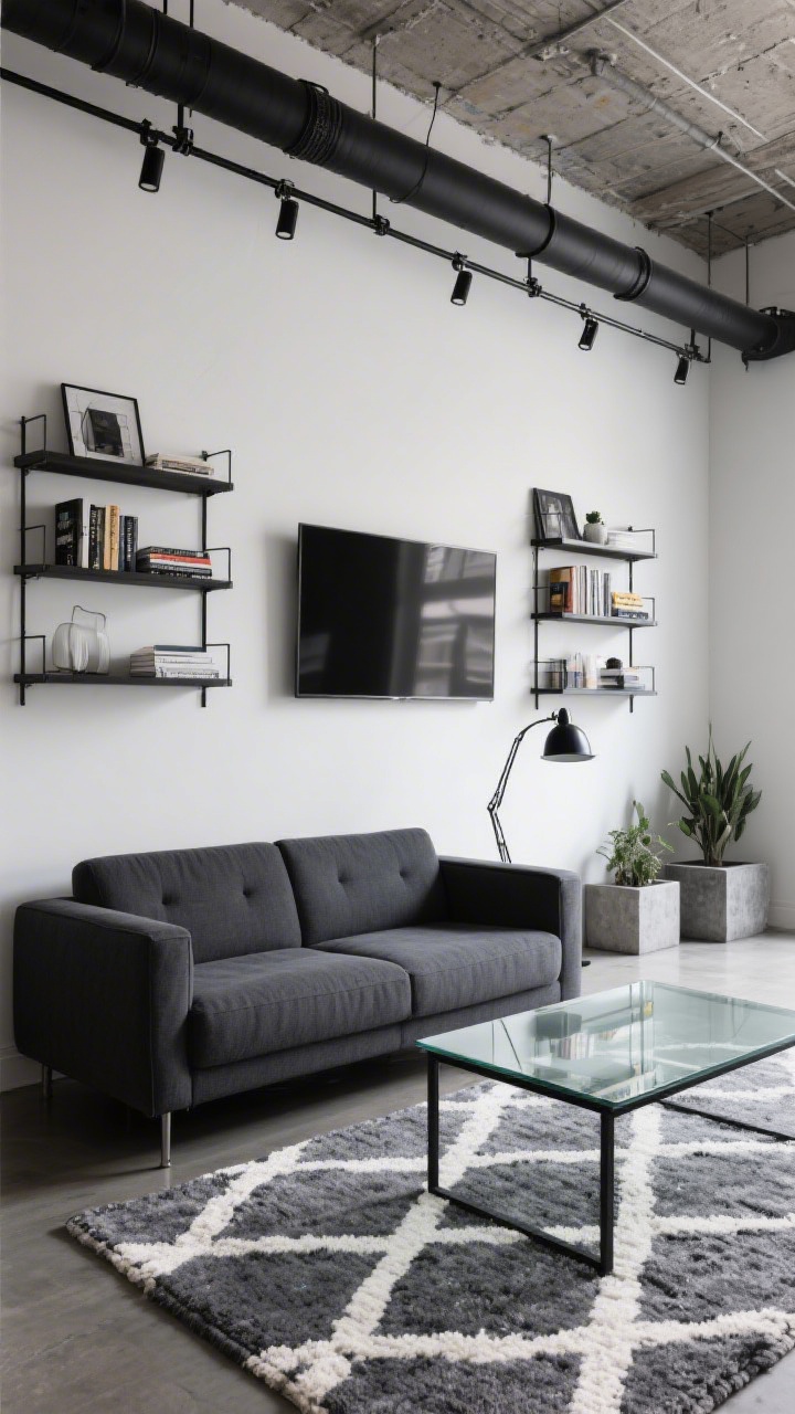 Straight-on wide shot, Urban Loft Line-Up With Track Shelving: full TV wall fitted with a renter-friendly black metal track shelving system, TV mounted between shelves styled in low-contrast books and decor; streamlined charcoal sofa opposite, rectangular glass coffee table showing the rug below, black arc floor lamp tucked behind sofa, graphite-and-ivory geometric rug; concrete planters, crisp urban lighting.