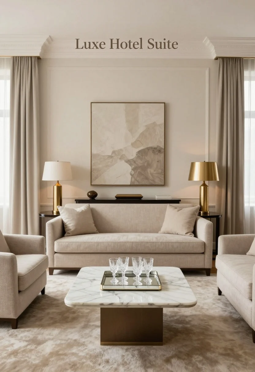 Symmetrical wide shot, hotel-inspired: “Luxe Hotel Suite” layout with a tailored sofa centered on a statement console, matching table lamps in brushed brass on either side. Two slipper chairs flank a marble-topped coffee table creating a tight conversation zone. Taupe-and-ivory palette with espresso accents, floor-skimming lined drapes, plush rug. A mirrored tray with cut-crystal glassware on the table. Soft layered lighting for a refined suite feel.