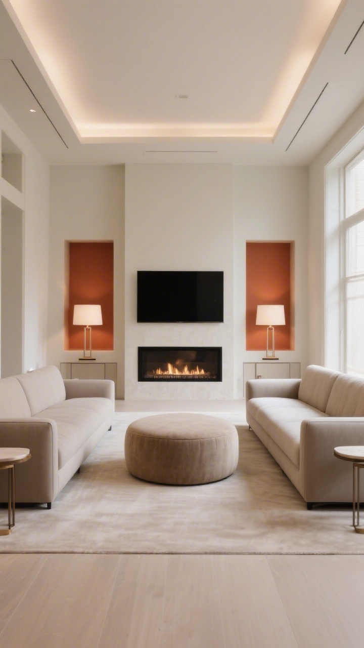 Symmetry-focused wide shot, straight-on: Two identical slim sofas facing each other along the long walls; a round ottoman centered to ease circulation; a clear walking lane at one end; twin built-ins on the short wall framing a centered fireplace or TV; matching floor lamps and identical side tables; soft neutral palette of sand, chalk, taupe with a strong terracotta accent; even, balanced illumination.