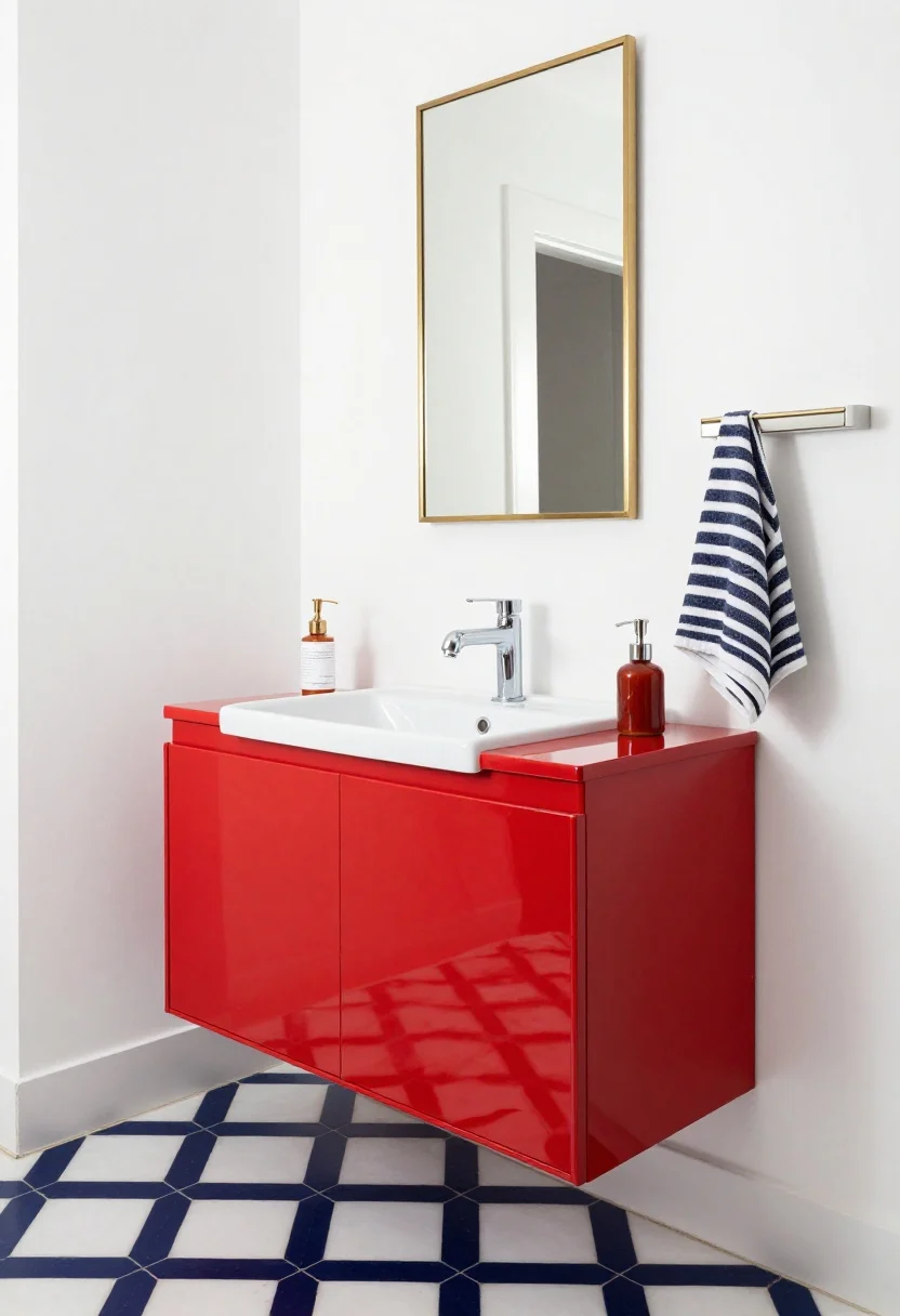Vibrant medium shot featuring a slim high-gloss vanity in cobalt (or tomato red) with a crisp white integral sink. Graphic navy-and-white encaustic-look floor tile pattern leads the eye; bright white walls keep focus on the vanity. A thin brass-rim mirror above and a sleek chrome faucet. Matching soap pump, striped hand towel, and a small wall shelf. Bright, reflective lighting to emphasize the glossy finish and high-impact, playful modern vibe.
