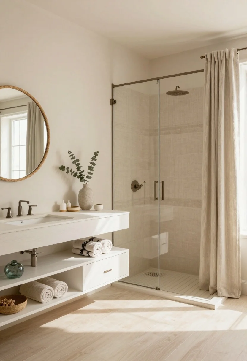 Wide, airy view of a “Warm Sand Coastal Minimalism” bath: walls in soft sand, trim in warm white. White oak vanity with slab fronts, slim brushed nickel pulls. Linen-look shower panel in oat with subtle stripe. Matte porcelain floor tiles in pale driftwood tone laid lengthwise to elongate the room. Round rattan mirror above the vanity. Floating white oak shelf with rolled towels and a sea glass vase. Decor: coral-toned Turkish hand towel, ceramic soap dish, eucalyptus sprig in a stone bud vase, single stone tray with essentials. Photorealistic, gentle coastal daylight with soft shadows, serene neutral palette.