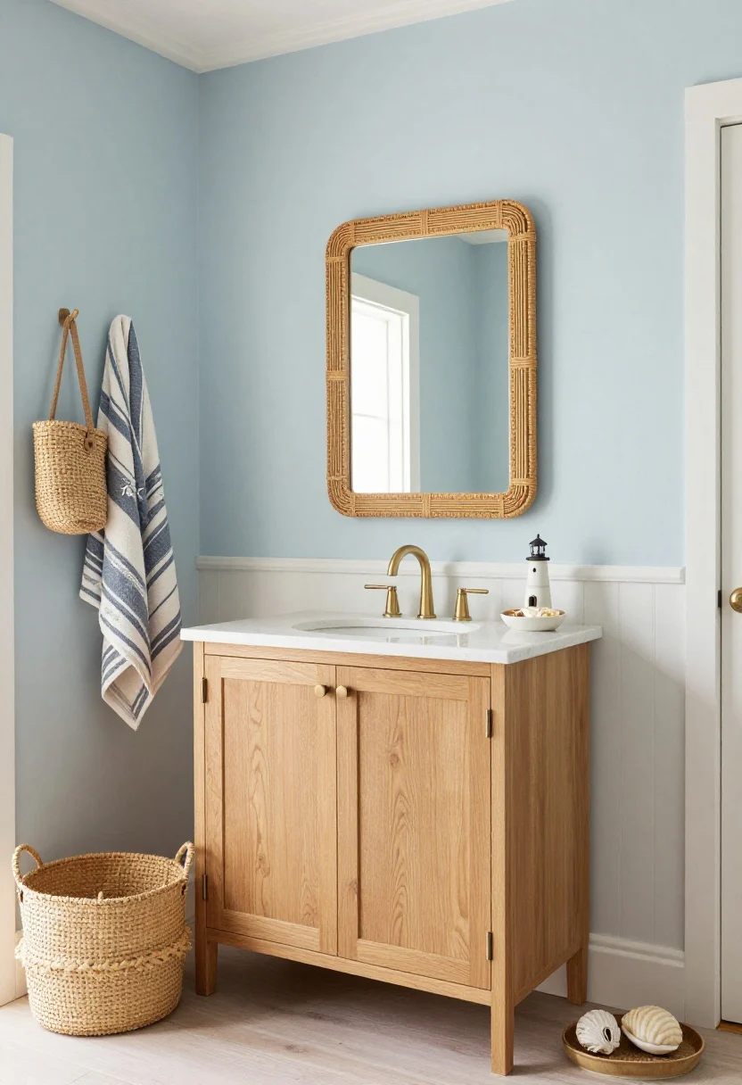 Wide angle corner view showing a narrow warm oak vanity with cane-front doors, thin quartz slab, and a semi-recessed round sink. Soft sky-blue painted walls and white beadboard backsplash. Brushed nickel hardware and faucet, rattan-framed mirror above. Coastal accents: striped Turkish towels on a hook, seagrass baskets below, a tiny ceramic lighthouse tray, shell-shaped soap. Bright natural daylight for a breezy, coastal calm feel.