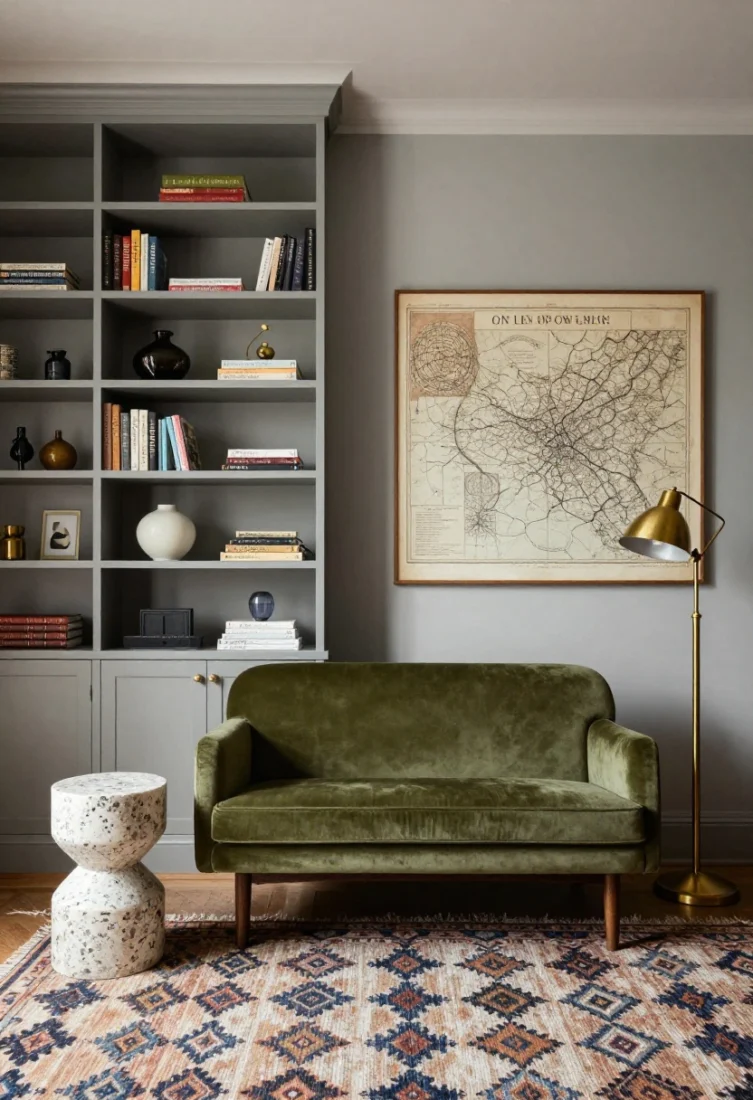 Wide angle from low viewpoint: Urban eclectic small living room painted soft greige. A wall-mounted bookshelf system from waist height to ceiling displays curated books, vessels, and small art. A compact mid-century moss velvet loveseat pairs with a travertine-look side table and a vintage brass pharmacy floor lamp. A patterned kilim rug ties hues together. On the longest wall, an oversized vintage-style map/typography print anchors the scene. Collected brass accents, cultured and luxe.