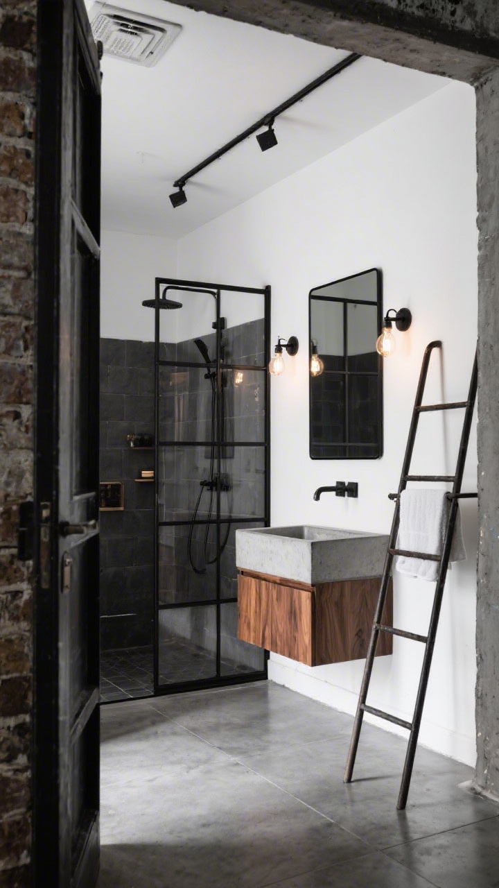 Wide angle from the doorway of an urban loft bathroom: polished concrete-look porcelain floor and one feature wall, opposing wall crisp white; black Crittall-style shower screen defining the shower; wall-mounted smoked oak vanity with a rectangular concrete sink; rectangular mirror with thin black frame and exposed-bulb sconces; iron ladder towel rack leaning casually; palette concrete gray, black, smoked oak, white; moody yet bright industrial light.