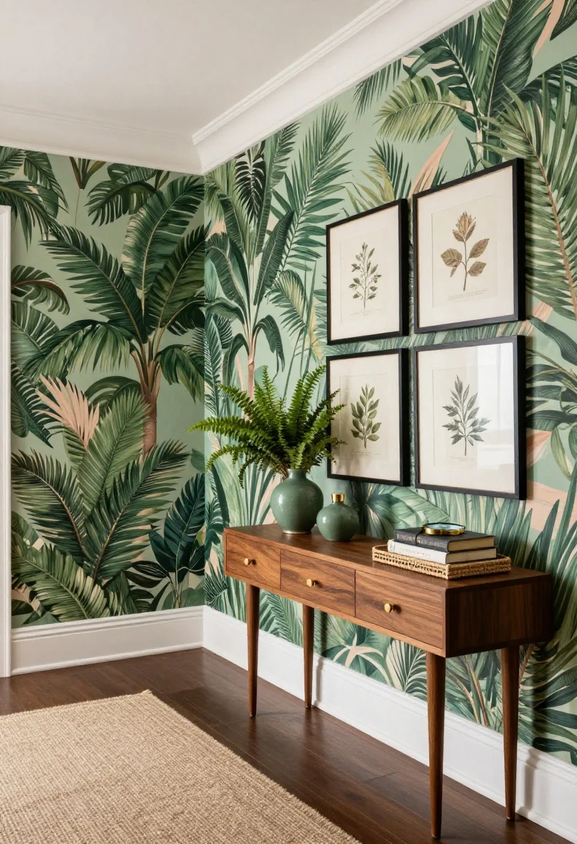 Wide angle of a bold botanical hallway: walls clad in lush oversized palm/painterly foliage wallpaper in greens and blush, ceiling and trim in crisp white; a mid-century walnut console with tapered legs and brass knobs holds green ceramic lamps; a calm jute runner tempers the pattern; a gallery wall of vintage botanical sketches in matte black frames lines one side; a potted fern, brass magnifying glass on stacked books, and woven mail tray style the console; finishes: walnut, matte black frames, ceramic; warm layered lighting.