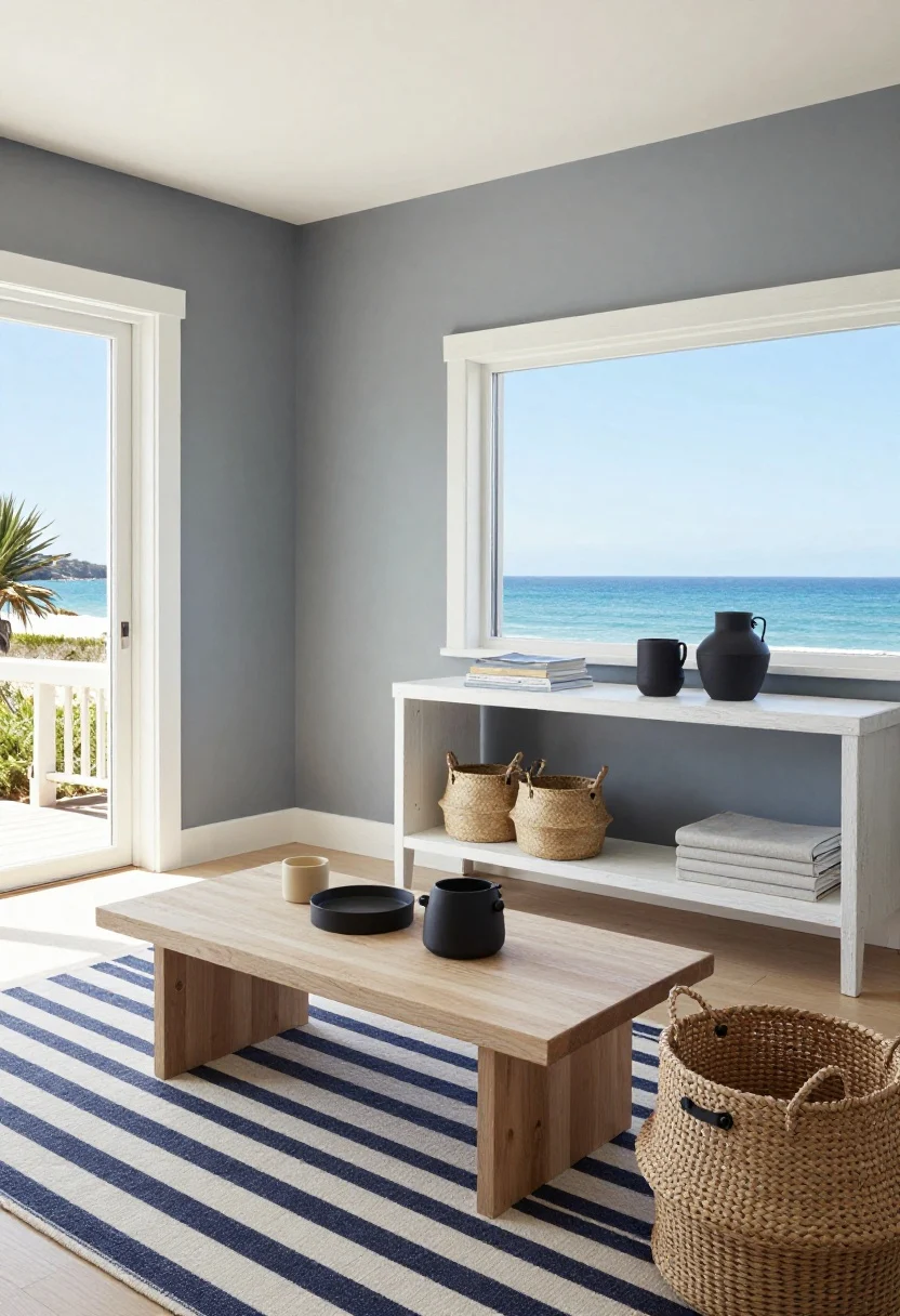Wide coastal angle: Blue-gray walls with whitewashed wood furniture—a whitewashed console and light wood coffee table—paired with a thin-striped navy-and-white rug (low contrast) and woven seagrass baskets; matte black pulls and hardware refine the look; bright, breezy daylight, beachy-not-kitsch, photorealistic.