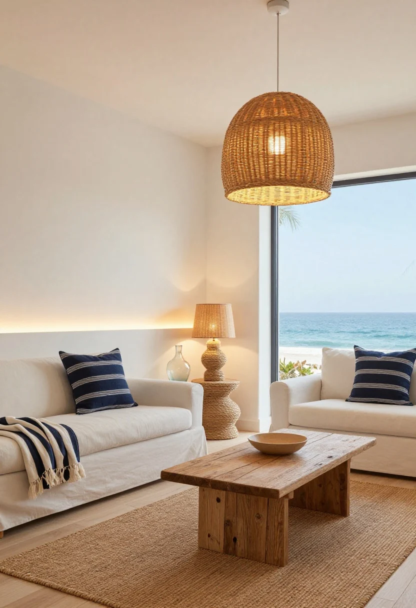Wide coastal scene with rattan glow: white walls, pale oak flooring, sand-colored slipcovered sofa, weathered wood coffee table, navy pinstripe pillows; a woven rattan pendant with diffuser provides soft overhead light; rope-wrapped table lamps on nesting side tables; subtle LED strip lighting along the back edge of the media shelf creating a golden horizon line; sea-glass vase and striped throw; sisal rug echoing woven textures; breezy, elegant beach-house mood; natural daylight mixed with warm lamps; straight-on composition.