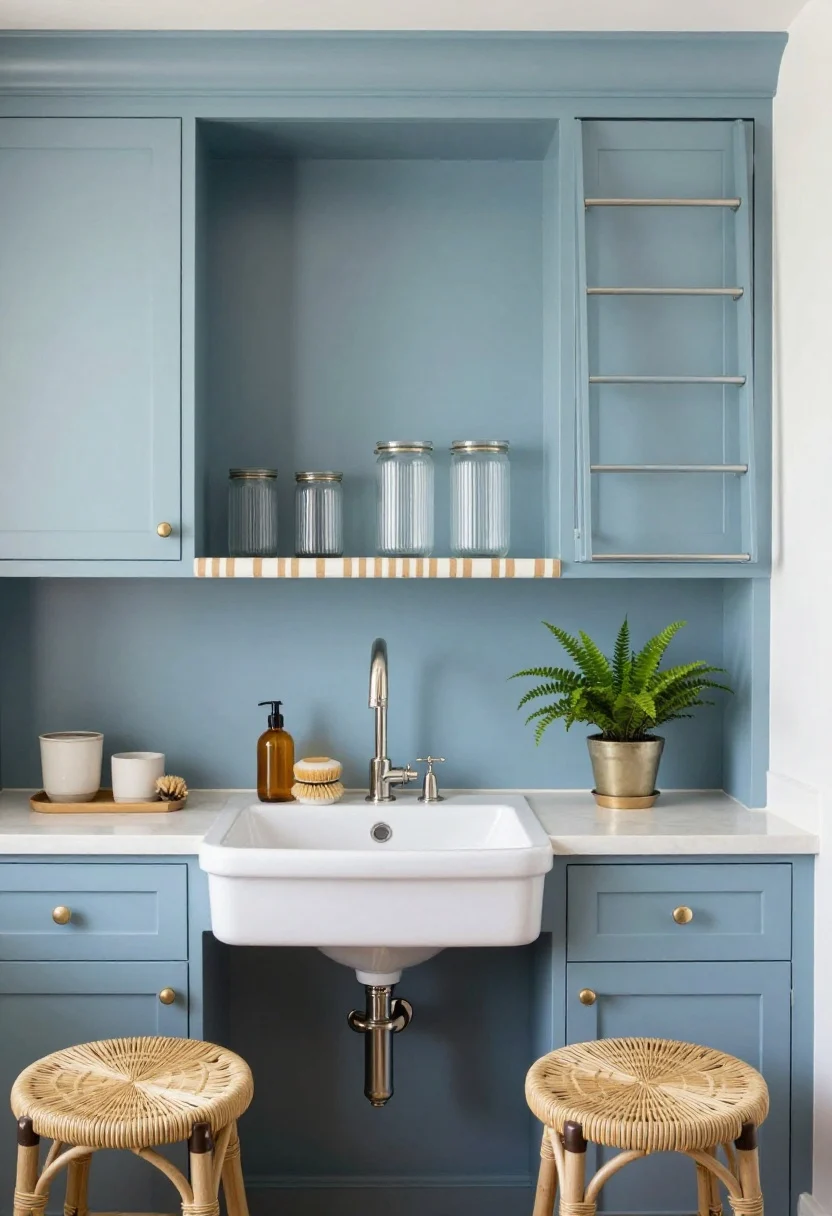 Wide coastal sink wall: soft blue shaker fronts, polished nickel hardware, woven rattan stools at a slim counter edge; bridge shelf spanning over the sink, just clearing the faucet, holding an amber soap bottle, ceramic cup with scrub brush, and a mini fern; tall upper cabinets run to the ceiling with a skinny library ladder on a slide bar; clear ribbed glass canisters on an open end shelf; striped runner in sand tones; bright seaside daylight, fresh and breezy mood.