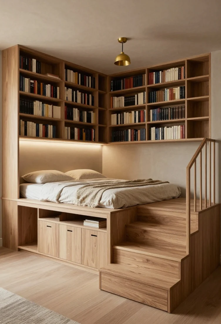 Wide corner angle capturing height: A lofted library concept with a raised bed platform accessed by five to six steps, slatted balustrade in rift-cut oak, and integrated drawers. Beneath, a jewel-box under-stage office with built-in rift-oak desk, slim file drawers, and a pocket door in heavy natural linen to conceal the zone. The under-loft ceiling is warm plaster/limewash, illuminated by a linear LED along the desk edge for shadow-free task light. Shallow bookcases line the short wall with neatly styled spines. Above, the bed is minimal: two stacked pillows, wool matelassé coverlet, handwoven throw. A small burnished-brass pendant hangs over the stair, drawing the eye upward. Palette: rift oak, bone, burnished brass, natural linen, ink accents. Editorial lighting, refined styling, no people.