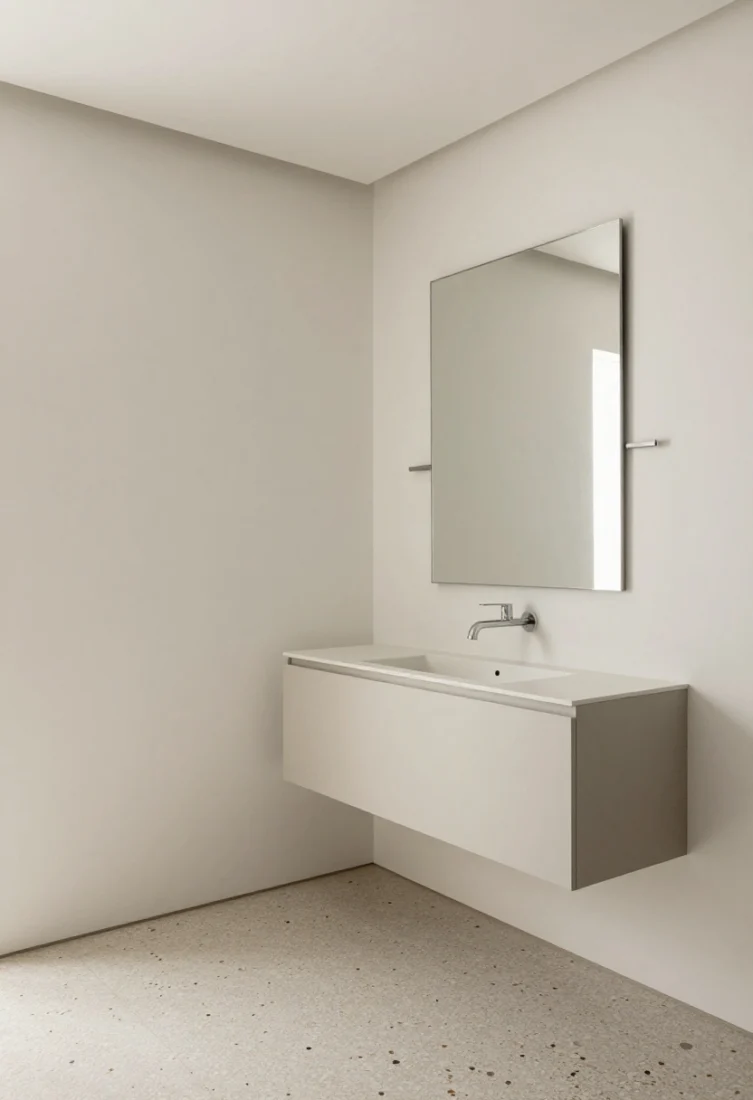 Wide corner shot: A small bathroom corner wrapped in an L-shaped corner-cut mirror spanning two adjacent walls, eliminating the visual stop. A wall-hung pale ash vanity block with a thin integrated basin floats above a geometric terrazzo floor that runs uninterrupted beneath. A slimline linear sconce sits across the short mirror run to avoid cluttered reflections. Soft white and multitone terrazzo palette, crisp negative space, premium minimal styling.